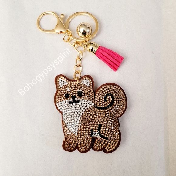 Bling Shibu Dog Crystal Rhinestone Keychain Bag Charm With Pink Tassel - Picture 7 of 14